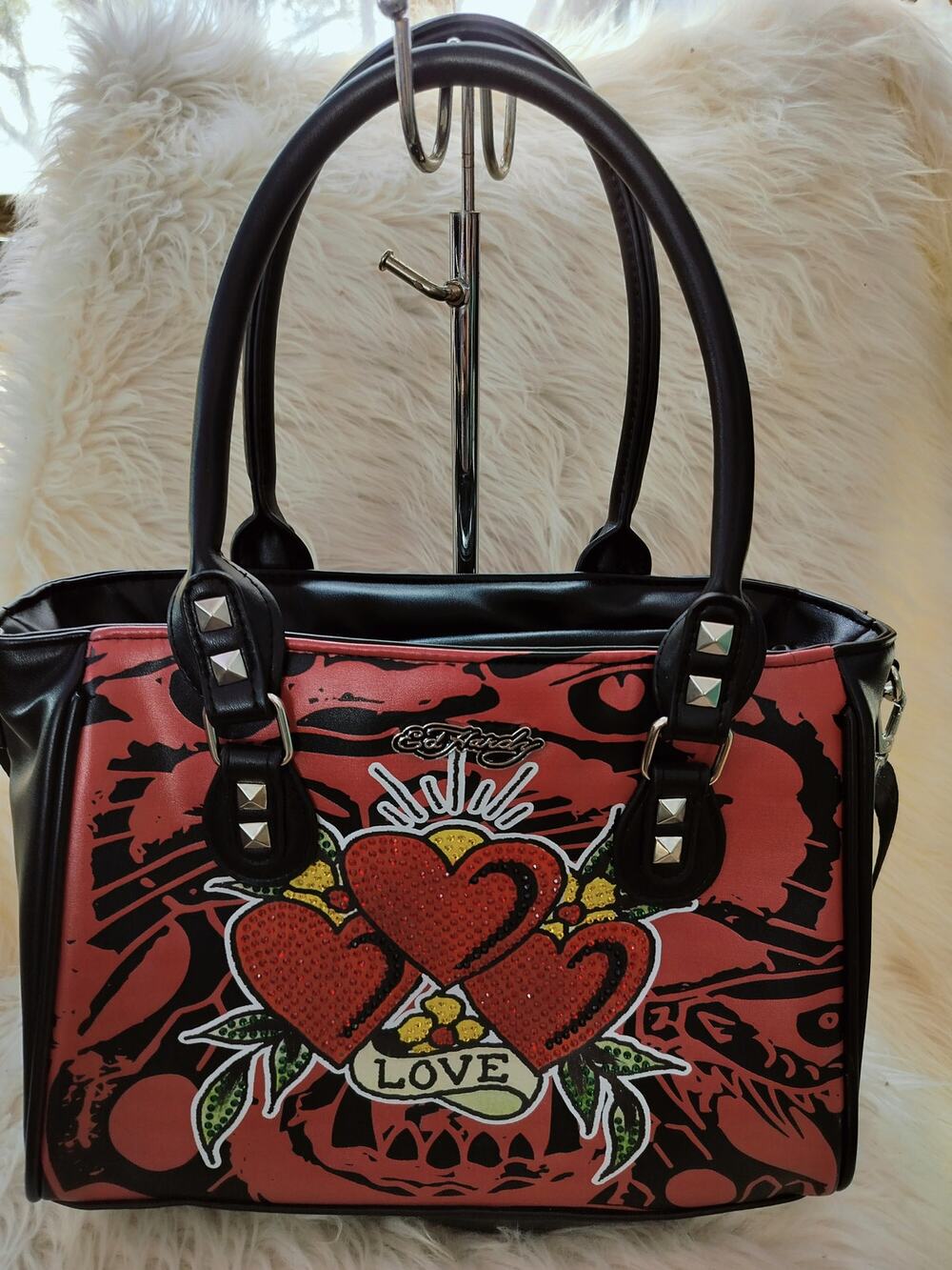 5871)Ed Hardy  Heart Studded 'True Love' Tattoo Satchel Thermal Insulated Bag